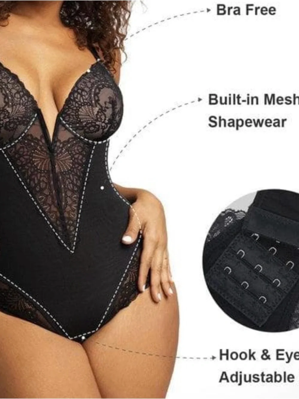 Popilush Shapewear Lace Deep V-Neck Sculpting Thong Bodysuit